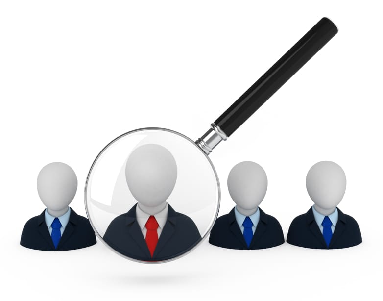 Magnifying glass highlighting job candidate in red tie among applicants.