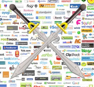 Crossed swords over a collage of tech and media company logos.
