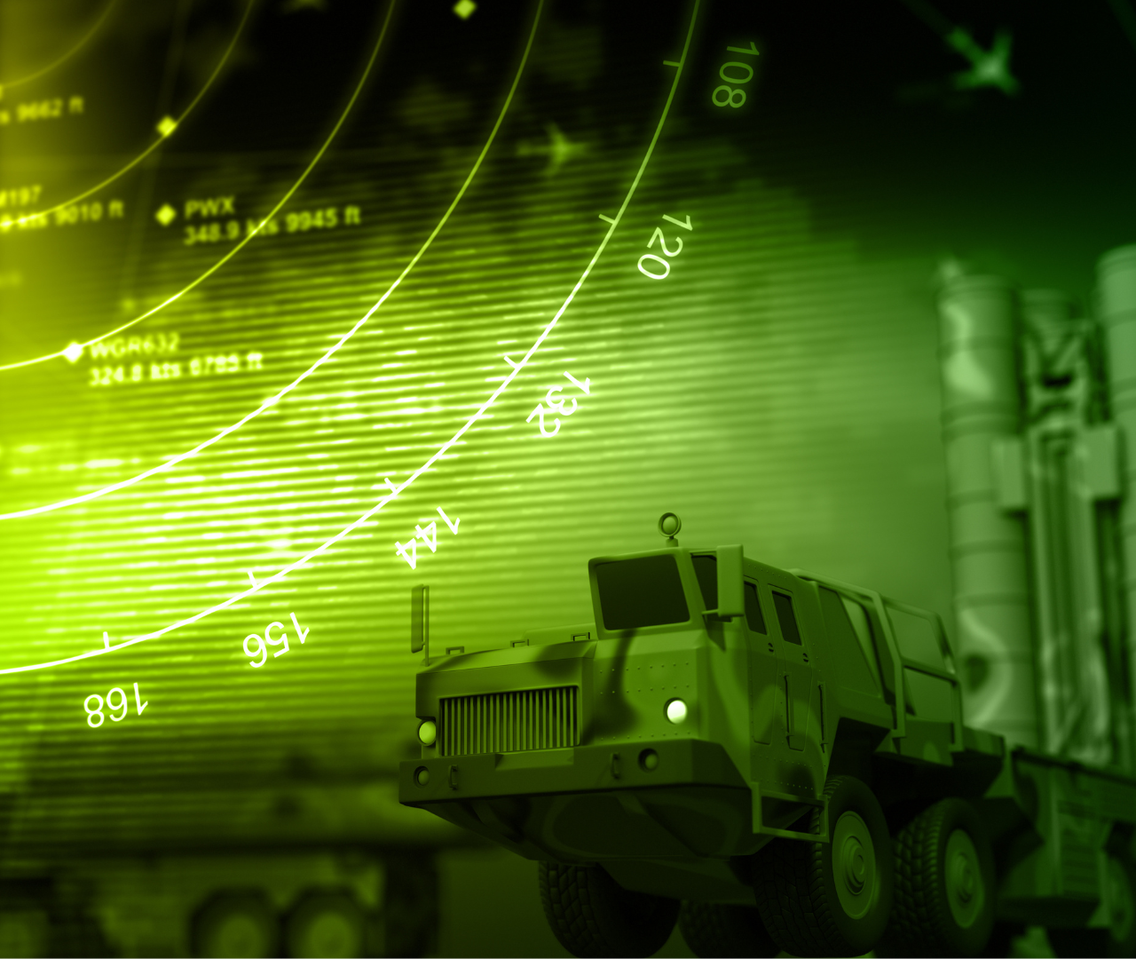 Military radar interface overlaid on an armored missile launcher truck.