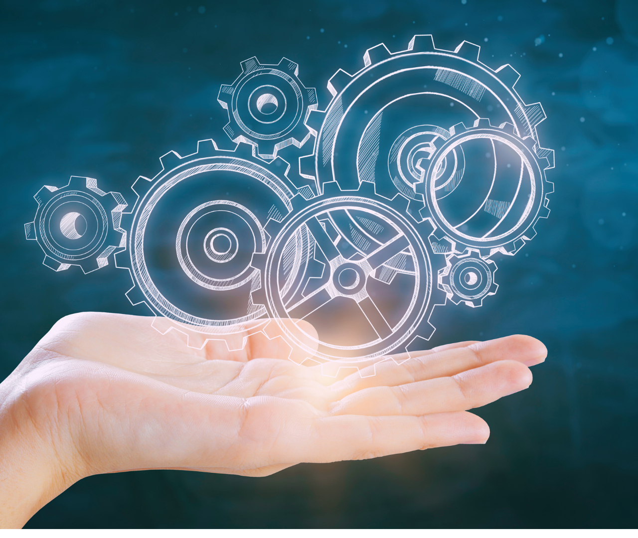 Open hand supporting a glowing set of digital gear icons, symbolizing innovation, automation, or technical support.